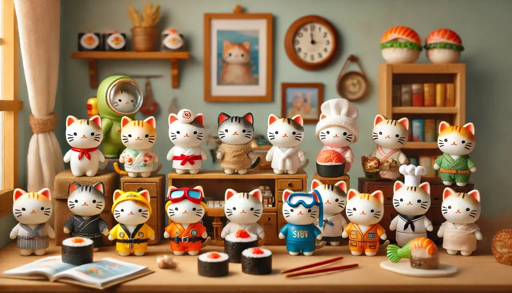 Cats in various outfits displayed in a cozy room with sushi props.