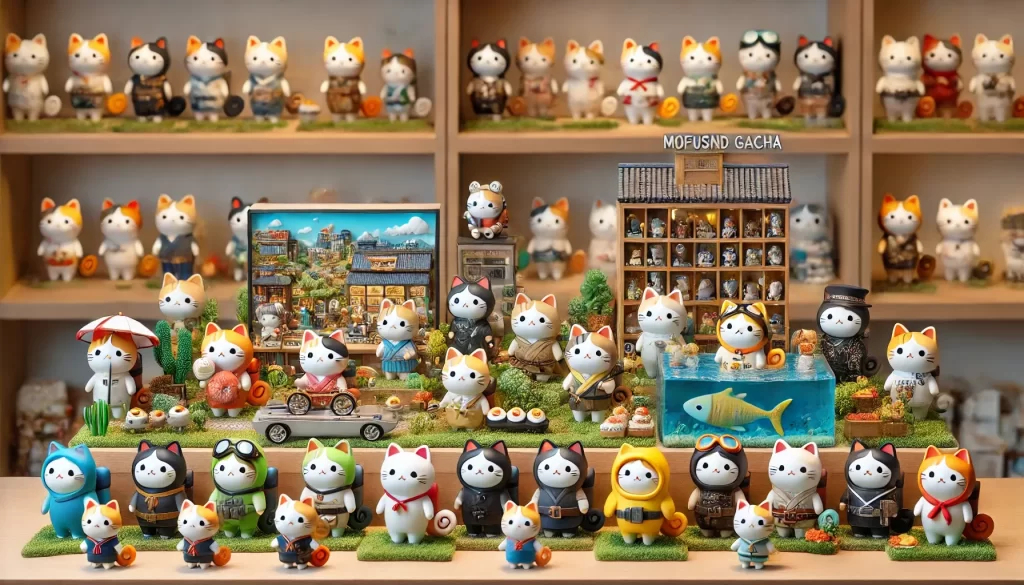 Mofusand Gacha cats in explorer costumes with a town backdrop.