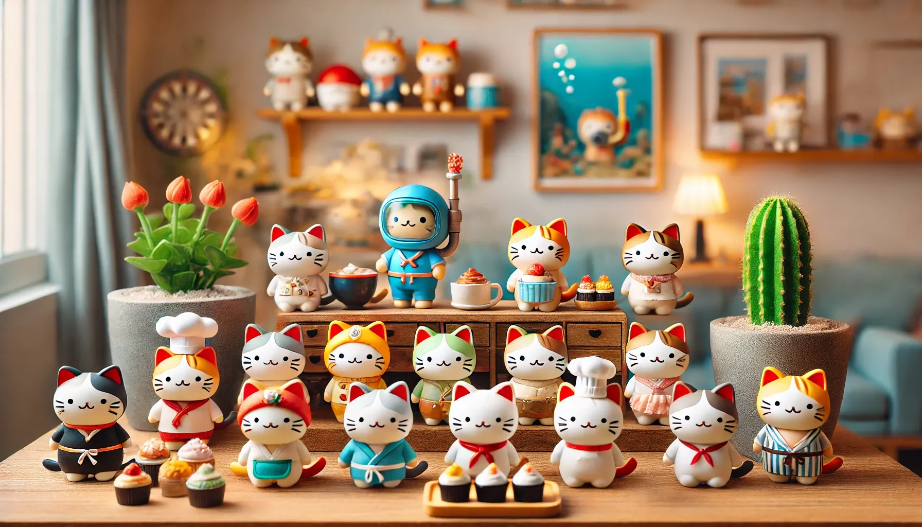 Cat figurines dressed as chefs and bakers in a bright room.