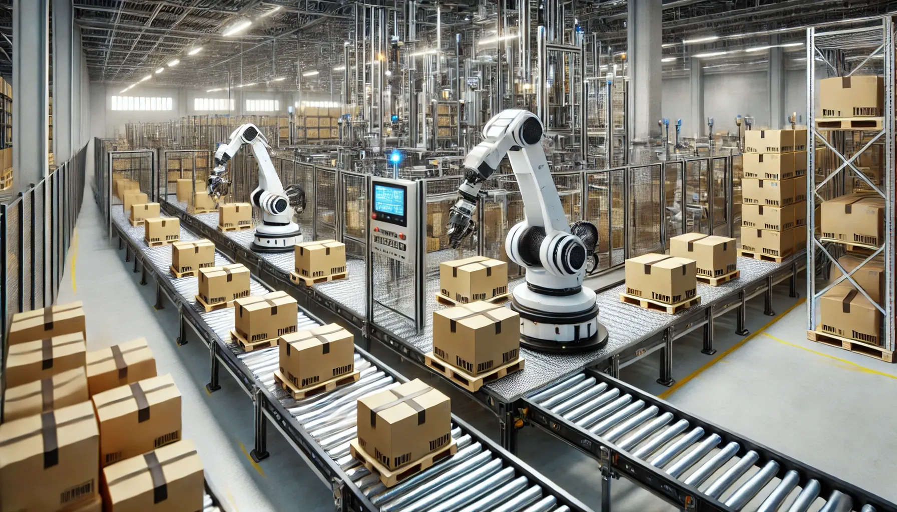 Robots automating pallet stacking in a high-tech production line.