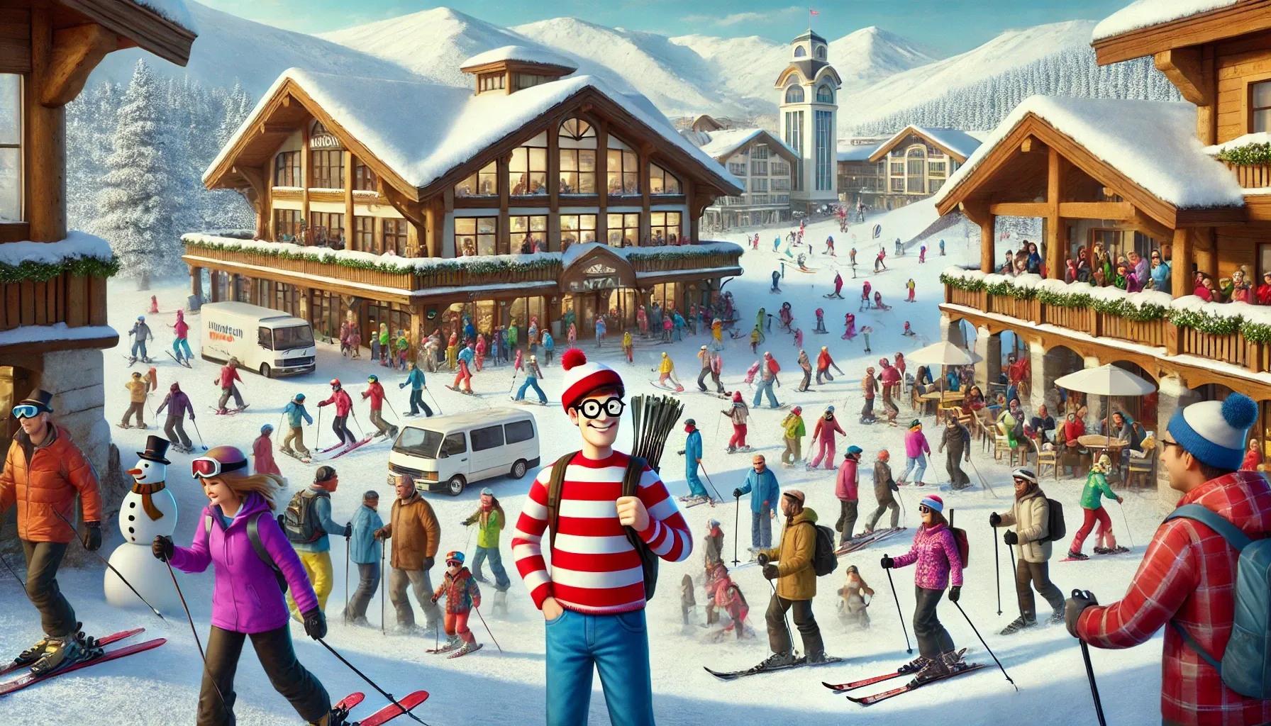 A snowy ski resort scene with skiers, snowboarders, and people in colorful winter jackets. Waldo, wearing his red and white striped shirt, glasses, and hat, is hidden near a ski rental hut, blending in with the busy crowd and snow-covered slopes.