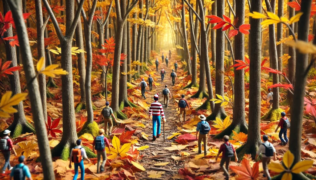 A narrow hiking trail in a forest filled with golden and red autumn leaves. A group of hikers is walking through the trail, while Waldo, in his red and white striped shirt and hat, is camouflaged among the trees and foliage.