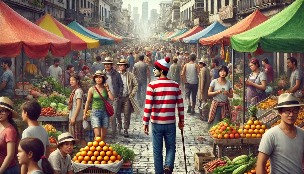 A bustling street market in a vibrant city, filled with food stalls and a crowd of shoppers. Waldo, wearing his signature red and white stripes, glasses, and hat, is hidden behind a fruit stall, surrounded by shoppers and vendors.