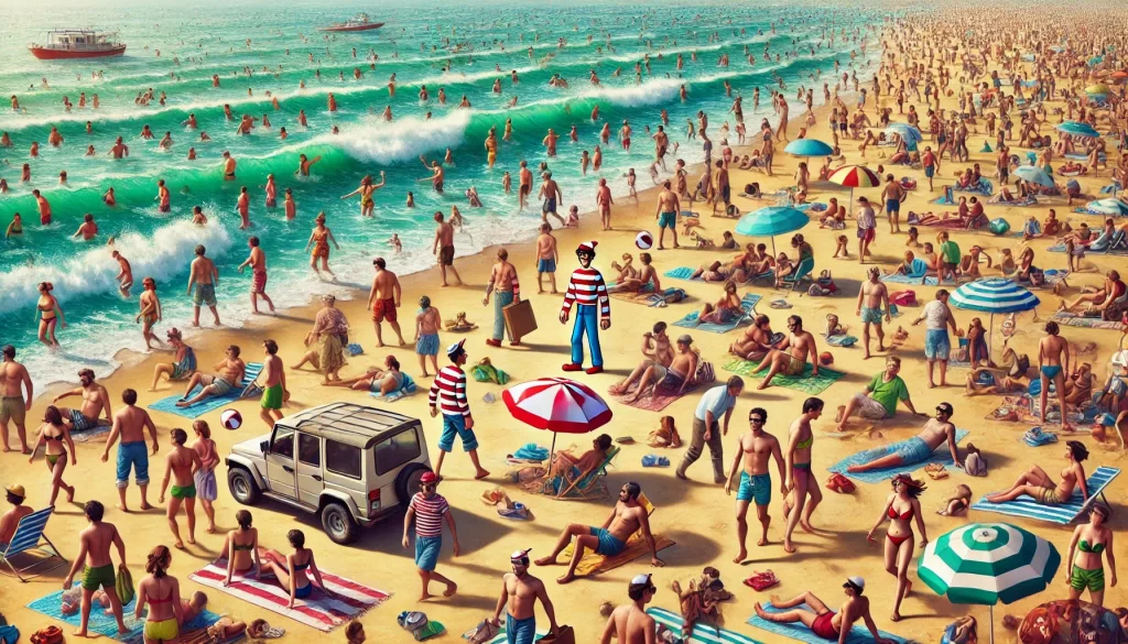 A crowded beach scene with people sunbathing, playing volleyball, and walking along the shore. Waldo, in a red and white striped shirt, glasses, and hat, is hidden among the crowd of beachgoers, blending in with beach towels and umbrellas.